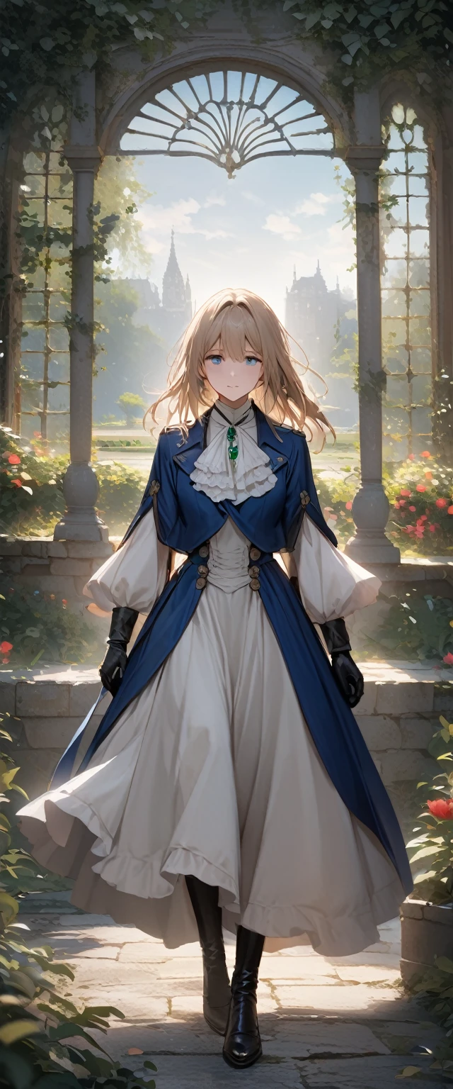 France in the 1890s。The main character of Violet Evergarden has blonde shoulder-length hair with a red ribbon.。She is wearing a classical aristocratic outfit based on ultramarine blue, with a white ribbon on her chest and an emerald necklace in the center.。On both arms, he wears long black leather gloves that reach up to his elbows.。She has very beautiful blue eyes。In the background you can see a slightly blurred French garden.。She always looks sad and lonely。Beautiful and realistic photos.。Walking far away。She is wearing a white flared skirt.