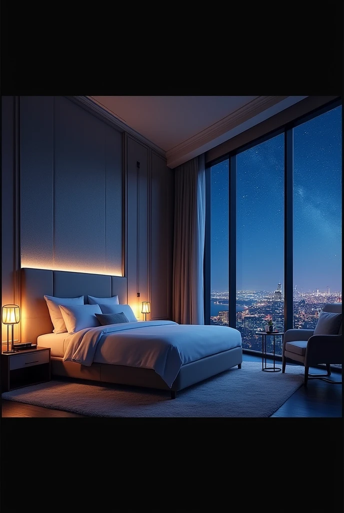 A luxury hotel room、King-size bed with premium linens、Luxury bedroom、Modern bedside lamp、The large windows offer a beautiful night view of the stars.、There is an armchair and a coffee table near the window.。