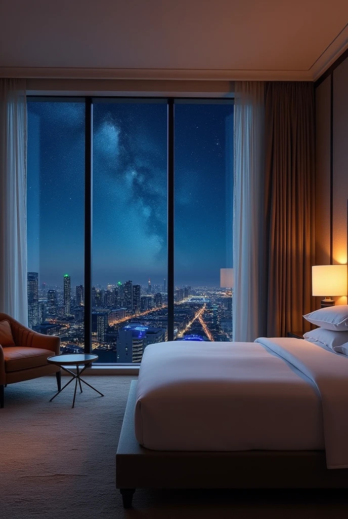 A luxury hotel room、King-size bed with premium linens、Luxury bedroom、Modern bedside lamp、The large windows offer a beautiful night view of the stars.、There is an armchair and a coffee table near the window.。