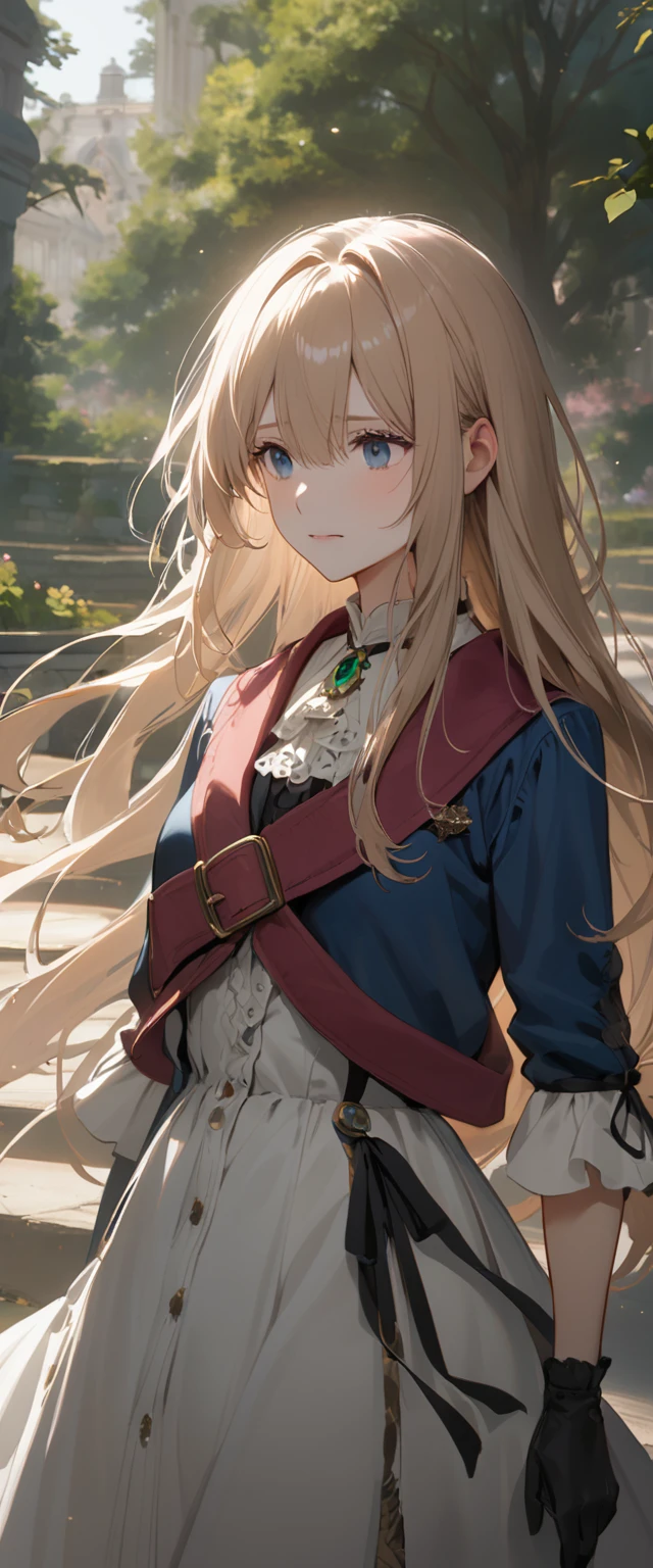 France in the 1890s。The main character of Violet Evergarden has blonde shoulder-length hair with a red ribbon.。She is wearing a classical aristocratic outfit based on ultramarine blue, with a white ribbon on her chest and an emerald necklace in the center.。On both arms, he wears long black leather gloves that reach up to his elbows.。She has very beautiful blue eyes。In the background you can see a slightly blurred French garden.。She always looks sad and lonely。Beautiful and realistic photos.。Walking far away。She is wearing a white flared skirt.