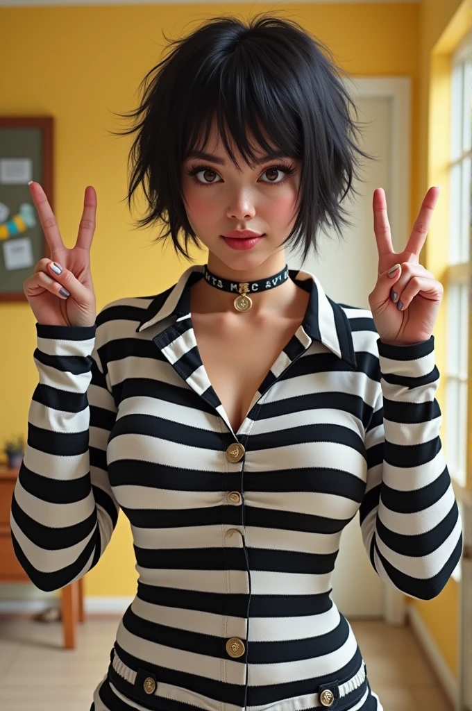 I ne image depicts a person wearing a black and white striped outfit, commonly associated with prison uniforms. The individual appears to be making a gesture with their hands that resembles the "rock on" sign, with both hands raised, fingers positioned in a way that emphasizes this gesture. The expression on their face seems to convey confidence or defiance.
Detailed Prompt
"Create a scene featuring a character in a black and white striped outfit, reminiscent of a classic prison uniform. The character should be making a playful 'rock on' hand gesture, showcasing a confident and rebellious attitude. Set the scene in a bright, neutral-toned environment to contrast with the outfit, emphasizing the character's expression and gestures. Include subtle details in the background that hint at a lighthearted or humorous context, such as playful decorations or props."
