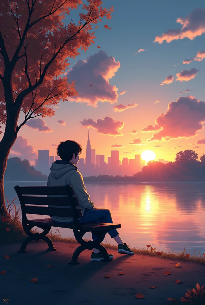 A serene evening scene with a young person sitting on a park bench, gazing at a beautiful sunset. The sky is filled with cold hues of orange and blue, with soft clouds drifting by. The person is wearing a light jacket and is backlit by the setting sun, casting long shadows on the ground. The bench is placed near a calm lake with the city skyline in the distance, partially obscured by trees with autumn-colored leaves. The mood is peaceful and reflective, with gentle light illuminating the scene.