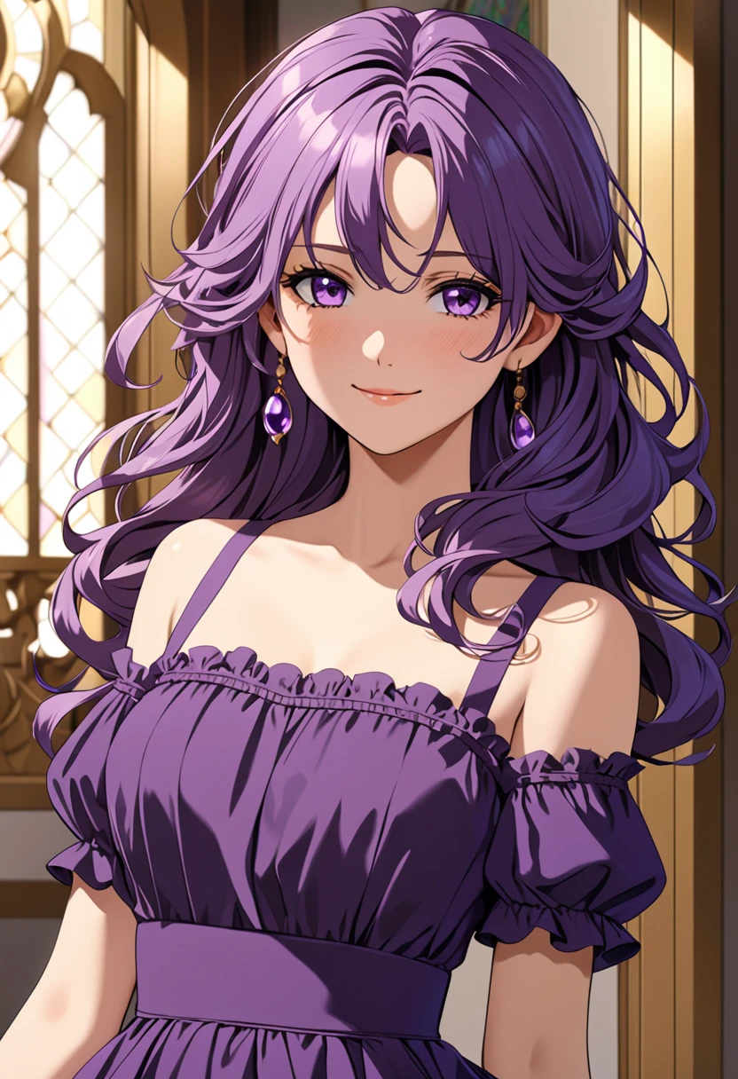 (masterpiece), (high resolution, 8k), (high detailed), women, lean body, (long waist length wavy messy hair, beautiful face, (close mouth:1.2), tired smile, amethyst casual regal dress, anime style, unaestheticXL_bp5, SimplePositiveXLv2