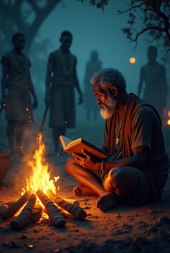 il y a un homme assis devant un feu avec un livre, raconter une histoire, par Krzysztof Boguszewski, un art surprenant, par Ferdinand Knab, mysticisme afrocentrique, par Edwin Georgi, mythologie africaine, image absolument exceptionnelle, ancienne tribu, par Alexandre Kucharski, à un feu de camp la nuit, illustrative raconter une histoire ,image 8k,haute qualité, très détailler,