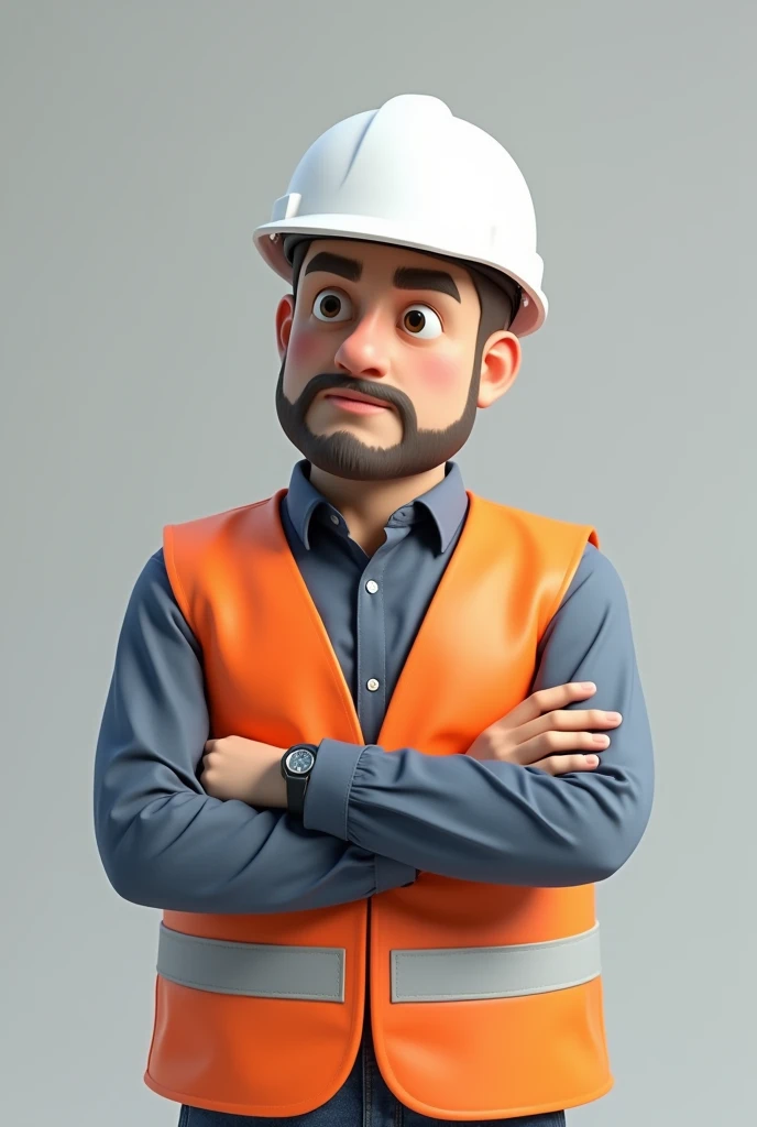 Engineer with human features in white helmet with orange safety vest making a thinking gesture
