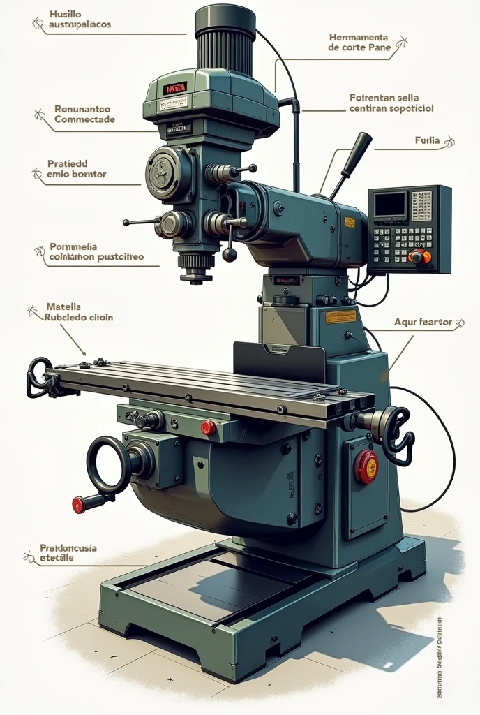 Generates an image of a milling machine with its parts and names in Spanish