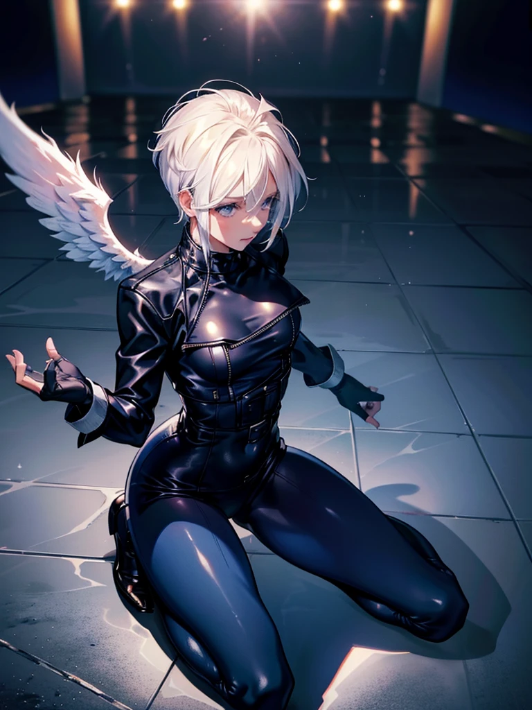 Upper Body, One girl, (Angel MS:1.4), Small breasts, Full Body Suit, Watching the audience, (Neckline), Cropped jacket,(Kneeling pose)
