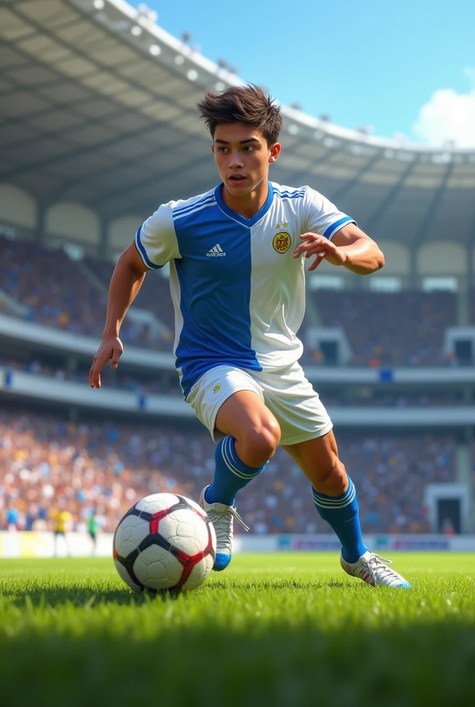 A  male soccer player in a white and blue jersey playing in a stadium in Uruguay 