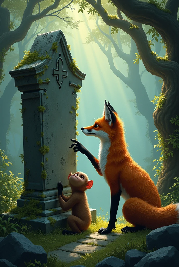The fox looked at the monkey and pointed at the gravestone.