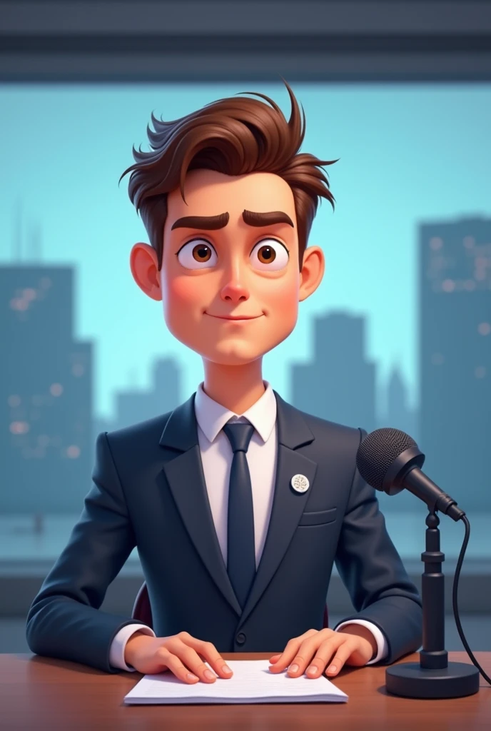 A cartoon image of a serious young man at a table with a microphone wearing a suit on a television news program, conveying professionalism as an interviewer.