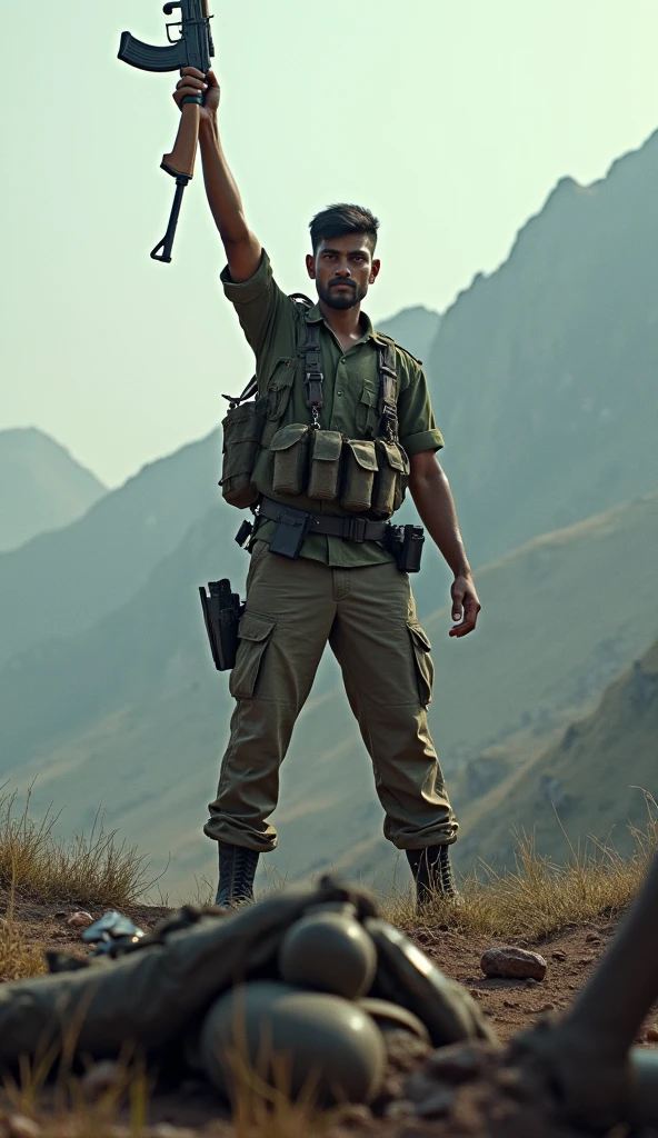 A 20 year old Indian Army soldier, after killing ten Pakistani enemies alone on the hill, stood among them and waved AK 47.