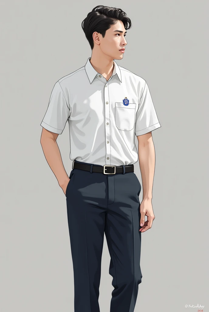 The male student uniform for Chonlathornwitthaya High School may look like this::
**shirt:**
- shirtเชิ้ตสีขาวแขนสั้น คอปก เนื้อผ้าโปร่งสบายเหมาะสำหรับสภาพอากาศร้อน
- กระดุมสีขาวเรียงตามแนวกลางshirt
- มีกระเป๋าshirtที่หน้าอกด้านซ้าย โดยอาจมีตราสัญลักษณ์โรงเรียนปักอยู่ที่กระเป๋า
**trousers:**
- trousersนักเรียนสีดำหรือสีน้ำเงินเข้ม ความยาวปกติคลุมถึงข้อเท้า ทรงกระบอกหรือทรงขาเล็กขึ้นอยู่กับมาตรฐานของโรงเรียน
- มีเข็มขัดหนังสีดำหรือสีน้ำเงินเข้มพร้อมหัวเข็มขัดที่มีตราสัญลักษณ์โรงเรียน
**shoe:**
- shoeนักเรียนสีดำ ทรงเรียบง่ายแบบผูกเชือก
- ถุงเท้าสีขาวยาวถึงข้อเท้า
**decorations:**
- เข็มกลัดตราสัญลักษณ์โรงเรียนติดที่คอshirt
- นักเรียนชายอาจต้องสวมเนคไทสีประจำโรงเรียนในวันที่มีพิธีการหรือวันสำคัญ
**Hair style:**
- Hair styleต้องเรียบร้อย ไม่ยาวเกินไป และห้ามทำสีที่ไม่เป็นธรรมชาติ
เครื่องแบบนักเรียนชายนี้ออกแบบมาให้ดูเรียบร้อย สะอาดตา และสะท้อนถึงความเป็นระเบียบเรียบร้อยของนักเรียนชายในโรงเรียนค่ะ