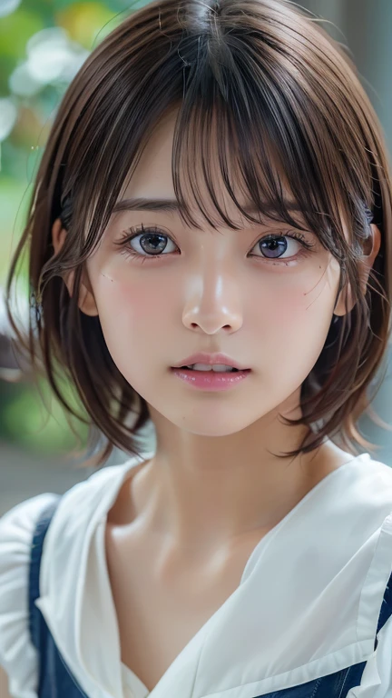 (8k, Photorealistic, RAW Photos, Best image quality: 1.4), Japanese schoolgirl、Short Bob、Super detailed face、Eye on the details、double eyelid、Sharp focus:1.2、Beautiful woman:1.4、Light brown hair、Highest quality、masterpiece、Ultra-high resolution、(Photorealistic:1.4)、Highly detailed and professionally lit smiles、topless、blush、Open your mouth a little、Watery eye、amount