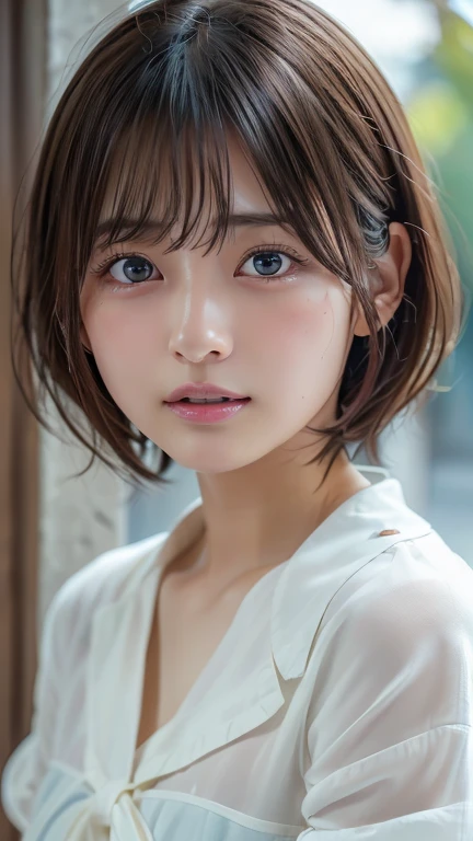 (8k, Photorealistic, RAW Photos, Best image quality: 1.4), Japanese schoolgirl、Short Bob、Super detailed face、Eye on the details、double eyelid、Sharp focus:1.2、Beautiful woman:1.4、Light brown hair、Highest quality、masterpiece、Ultra-high resolution、(Photorealistic:1.4)、Highly detailed and professionally lit smiles、topless、blush、Open your mouth a little、Watery eye、amount