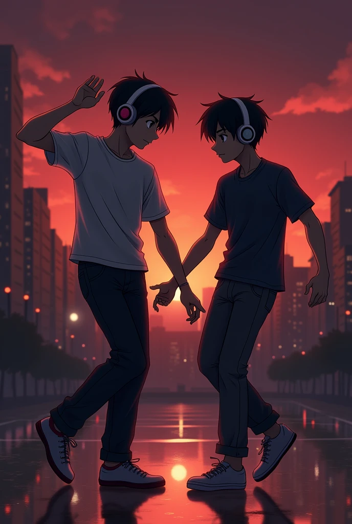 2 anime boy dancing half body with reddish night city landscape background with headphones and a dull look at the landscape