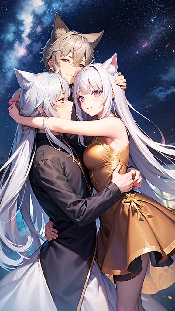 Girl Cat Ears、cute、beautiful、Gray Hair、Young couple、Top quality、masterpiece、Highest quality、smile、bright、Magnificent starry sky background、Hugging each other、Landscape painting、