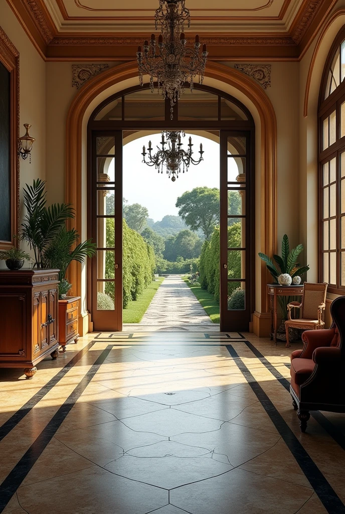 (photorealism:1.2), Generate the interior of a luxurious estate in the department of Valle del Cauca Colombia, It has to look like it was taken by a cell phone, make it more realistic but look like it was taken from an iPhone and you can see it out but I want it to look flat, and a stone path, something that looks like real life not made by AI