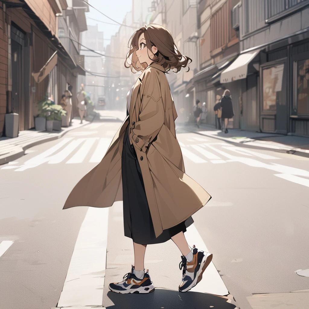 ((Top quality)), ((Masterpiece)), Perfect features, beautiful girl, beautiful girl with brown wavy bob hair wearing a brown trench coat. A 20 year old with big eyes. cute. smile. run. wearing sneakers. profile.