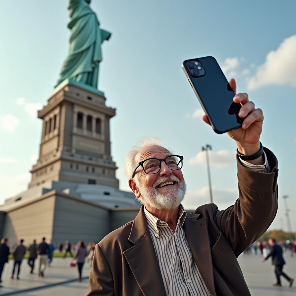 Grandpa takes a selfie in front of the famous statue as the piece that is about to hit him comes off
