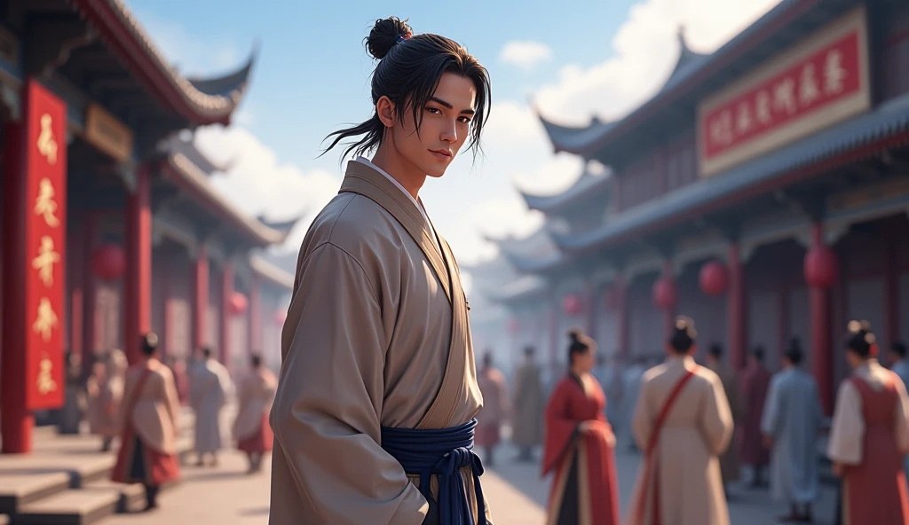 excellent work,4K HD pictures。Antique anime style excellent work,Antique anime style,Men in ancient costume,Tang Chang'an,Close-up of the ancient market in clear weather,People coming and going are all dressed in ancient costumes,In the busy corner of Dongshikou, a man wearing a grey coarse cloth。Dark blue belt around waist ,He has his hair in a bun on his head, Clear facial features,A beautiful face,Looking up at the camera,With a smirk on his face,A flattering smile。
