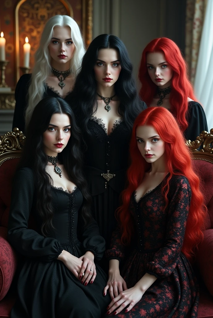 Depict an 18th century vampire family with the following characteristics: the mother has long black hair. Two girls have red hair. 1 has white hair. 1 has black hair.