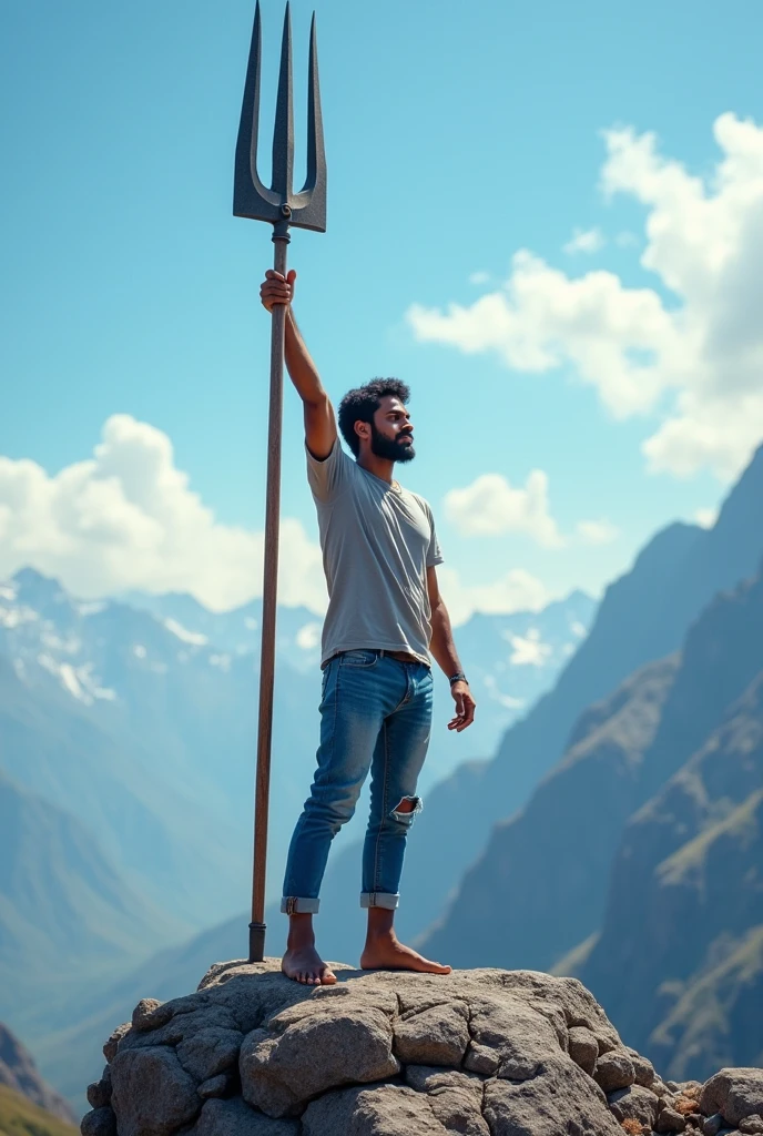 30 years Indian young man lifting up the trishula at the mountain, he wears grey color t-shirt, blue color jeans, no shoes. His height is 5'8 feet