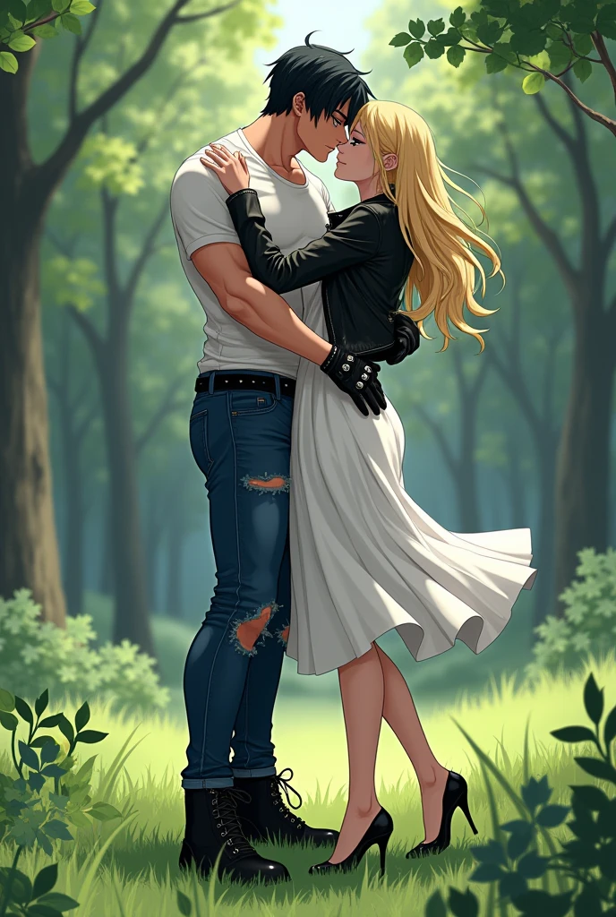 A muscular young man with black hair, wearing a white round-neck shirt and a black leather jacket over it, wearing blue jeans with a zipper down and an erect penis sticking out, black gloves, a black belt, and black combat boots, Having sex with a blonde woman wearing a white dress White dress and high heels In missionary position On the meadow in the forest, anime.
