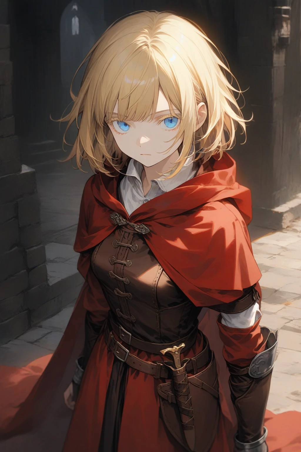 masterpiece, best quality, very aesthetic, absurdres,1girl,rating: general,(hyper detailed eyes),blonde hair,short hair,[disheveled hair],colored eyelashes,blonde eyelashes,blue eyes,(sharp eyes),(slanted eyes),choppy bangs,medium breasts,clear face,expressionless,(red hooded cloak),leather armor,leather chest guard,leather gauntlets,leather greaves,leather boots,dagger,sheathed,medieval,