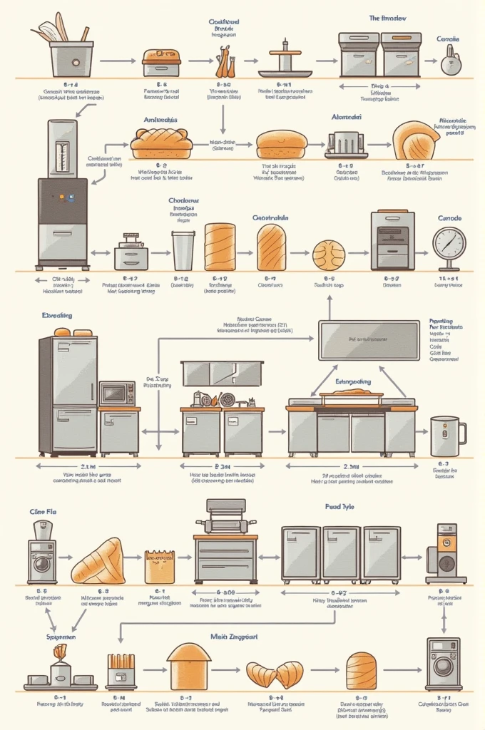 Direction: Create a detailed diagram of the setup for a specific bread or pastry production process, demonstrating your understanding of the correct use of bakery tools and equipment. You will label each item and provide clear descriptions of their functions.