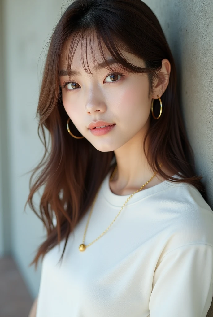 high resolution、A transparent Japanese woman、looking at the camera、body is angled、smile、Moist and shiny hair、Thready hair、cute、Brown Hair、Beautiful young woman who looks like a model、Leaning against a wall、Big eyes、Outline of an inverted triangle、face is slanted45Every time、Straight Hair、The tips are heavy、White crew neck half sleeve top、Hide your chest、Attractive features、Big eyes、Beautiful woman、hoop gold earrings、Long, diagonally swaying bangs、Beautiful like a celebrity、A trendy blunt hairstyle with little volume、Naturally flowing bangs、No bangs standing up、Smooth surface hair、Simple chain necklace、A fashionable atmosphere、A mature bob with less volume on top、The hair around the face falls smoothly onto the face.、Natural Makeup、サラサラの艶ありStraight Hair、Cohesive hair、毛先までサラサラなStraight Hair、Straightener、Bob with a Falling Front