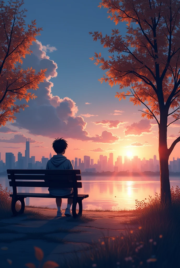 A serene evening scene with a young person sitting on a park bench, gazing at a beautiful sunset. The sky is filled with cold hues of deep blue and light blue, with soft clouds drifting by. The person is wearing a light jacket and is backlit by the setting sun, casting long shadows on the ground. The bench is placed near a calm lake with the city skyline in the distance, partially obscured by trees with autumn-colored leaves. The mood is peaceful and reflective, with gentle light illuminating the scene.