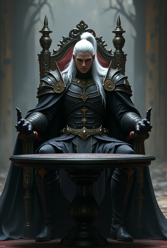 Create a handsome and intimidating prince of hell , that is with black armor, golden and with a layer, He has long white hair tied in a high ponytail with a few loose strands and is sitting in a majestic chair with a circular black table in front of him. 