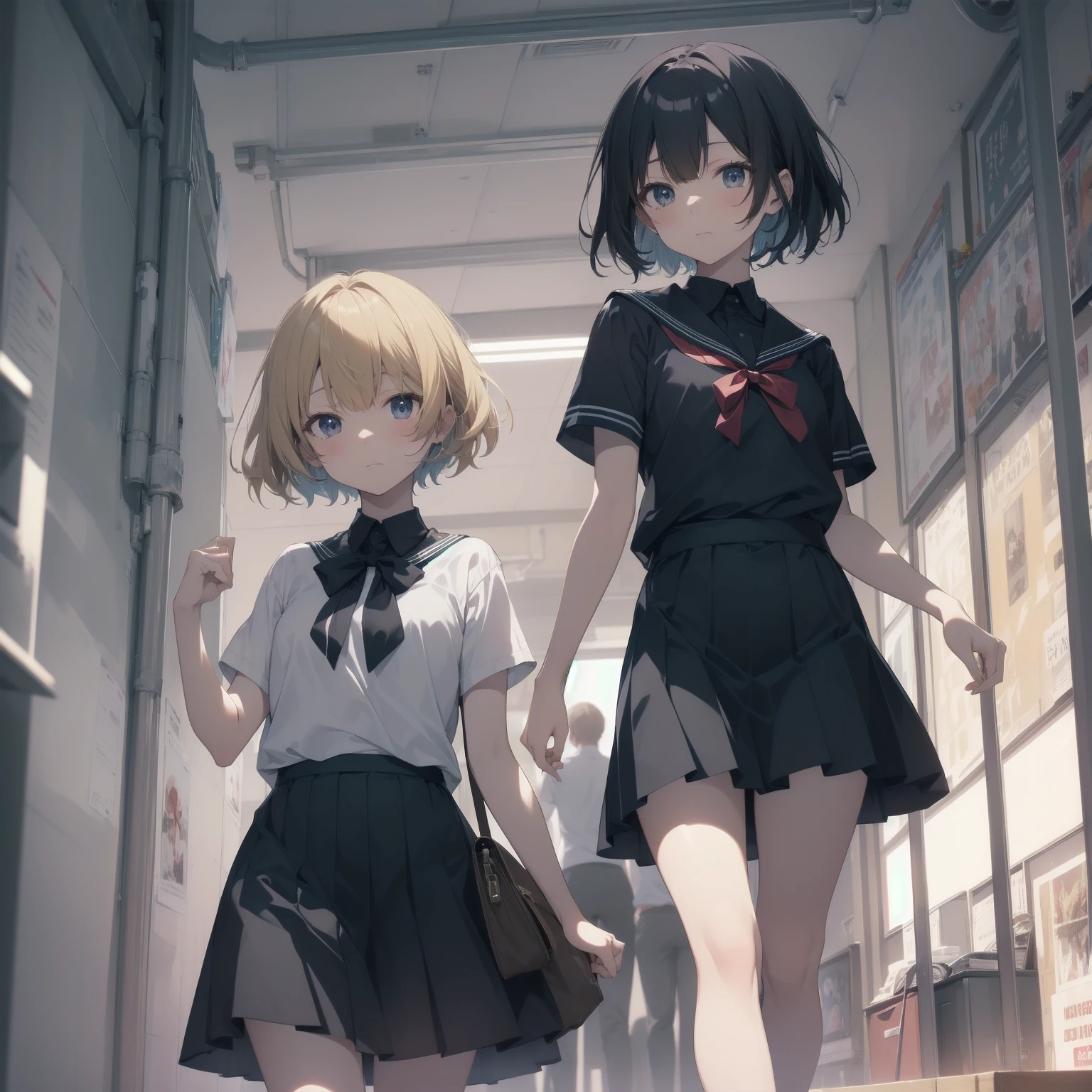 ultra-absurdres-Top quality by artist God, ultra-detailed, high resolution, anime moe artstyle, best anime 8k konachan wallpaper, pixiv contest winner, pool:2810, perfect anatomy,break, 1girl, (Please draw a girl walking sleepily to school alone. )break,(Solo,little female,15yo:1.3),Full limbs, ,a junior high school student, (very short hair), short cut, flat chest, , small butt, small black eyes, beautiful detailed eyes, well-proportioned iris and pupils, expressive eyes, highres detailed hair, soft expression, salor school_uniform, sailor collar, serahuku, bow, pleated skirt,(Detailed Lighting), (Detailed background), in the School commute route. break,super detailed skin, Best cinematic lighting powered by famous artist, 8k,beauty illustration,photoshop_(medium),very aesthetic,break,((artist:merunyaa )), artist:clamp ,artist:carnelian ,artist:kantoku ,