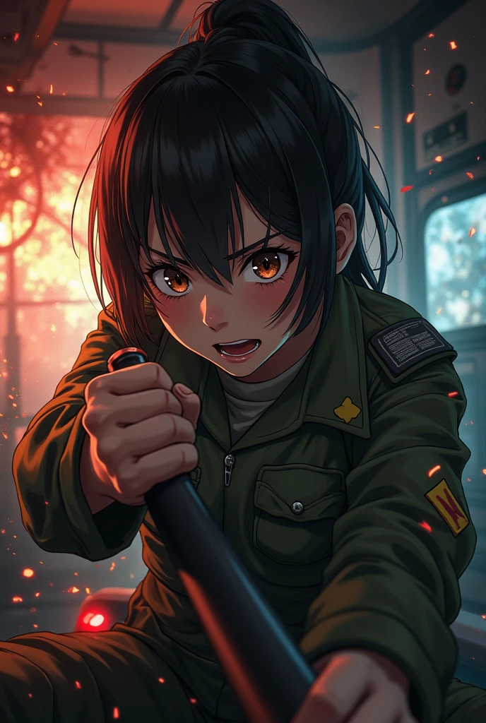 Tank cockpit、Small explosion on the instruments、spark、Red warning light、Desperate look、Japanese girl soldier、Sweat、vapor、cigarette、Grip the control stick、Trembling Body、Dutch Angle、Grit your teeth、