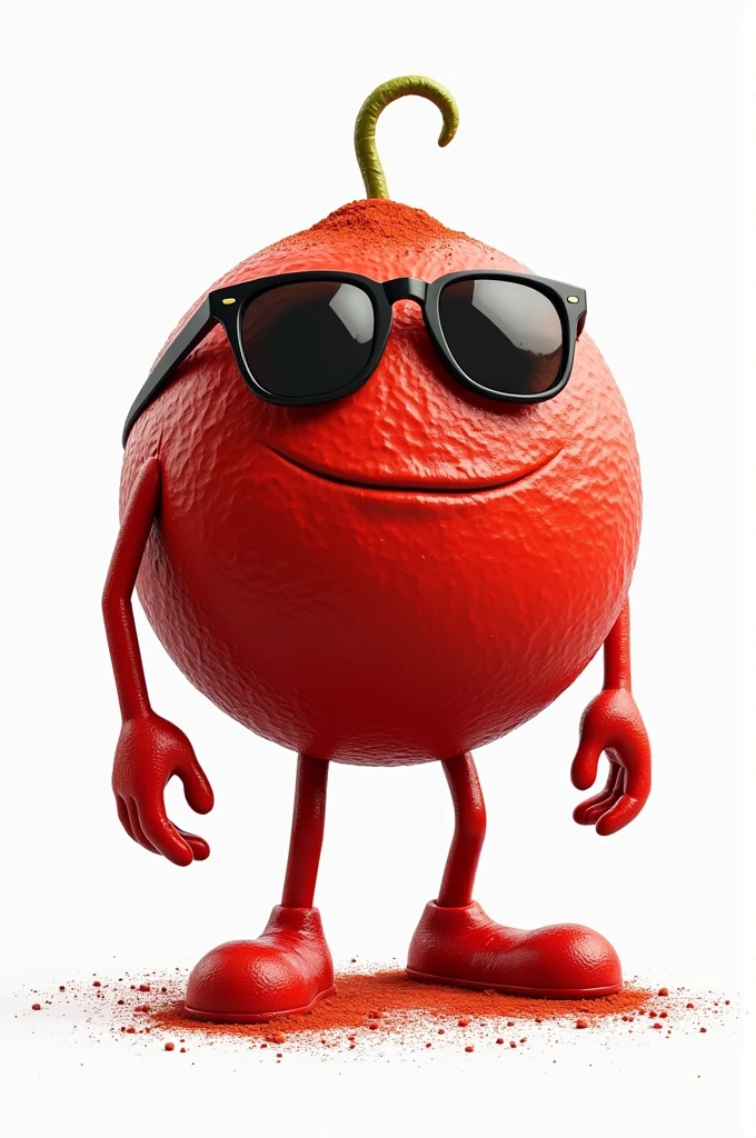 You can make an animated character design out of a complete michelada sphere covered with chili powder, hands, feet and sunglasses, ideal for the back of a white t-shirt. The style is lively, similar to a botarga. Let it be red. Do not attach extra items, more than the sphere.