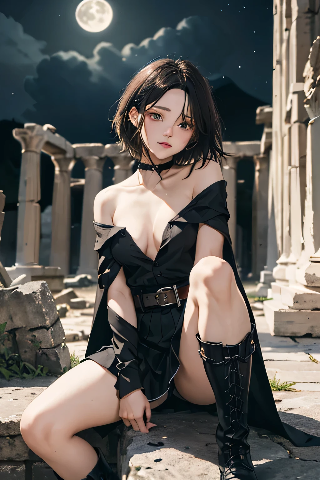 ((Highest quality)), ((masterpiece)), (detailed), Dark bay medium short hair、A hairstyle with a fluffy look, parted in the middle and showing the forehead、Up the upper front hair、Sweep your hair to both sides of the front、Dark brown eyes、high school girl、Mature face、Slightly small chest、Black shiny bodysuit、Sit on your knees、Metal shoulder rest、A half-cloak with a black velvet exterior and wine red interior.、Metal waistband、A black skirt that is open at the front from the waist down to the knees、Put a sword in your belt、Full moon night、Perched on a rock at the Greek temple ruins、knee-high black boots