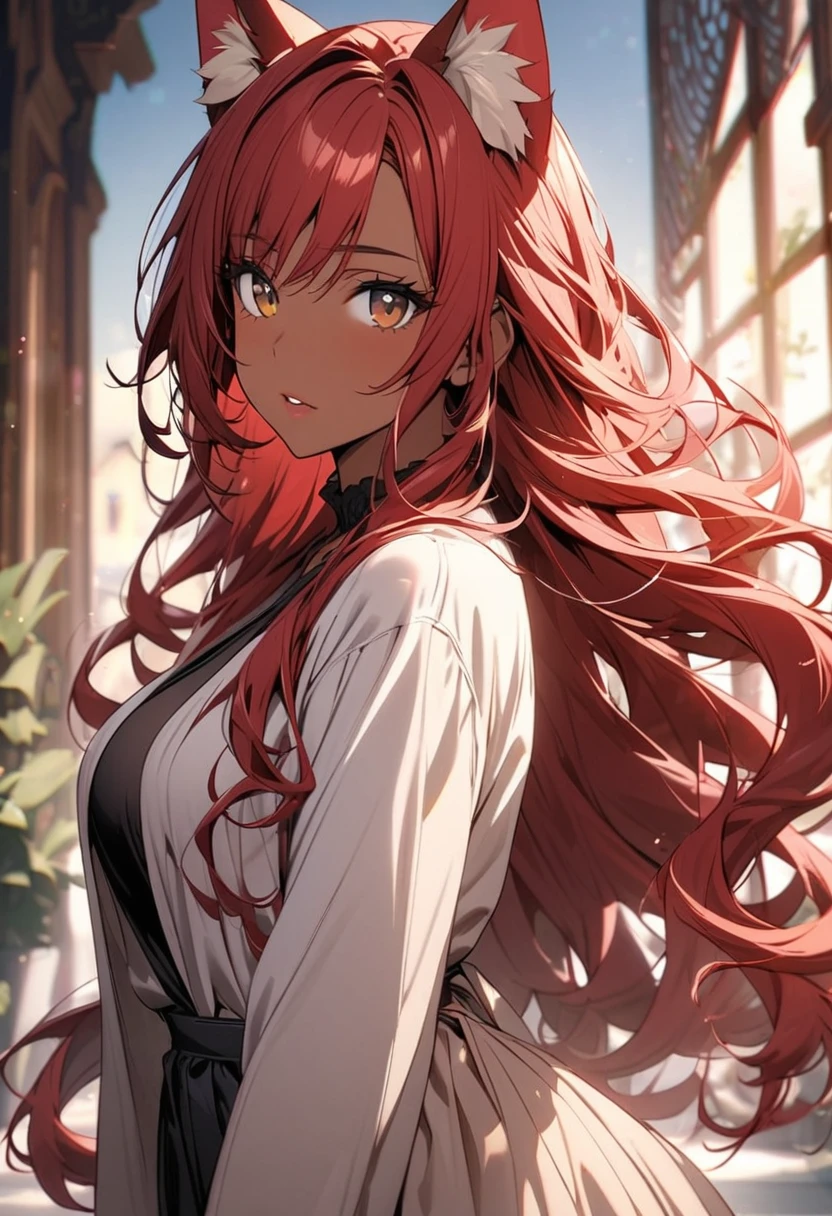 girl, mature, dark skin, red hair, cat ears, long hair, brown eyes, beautiful eyes, beautiful color, high detail, beautiful background
