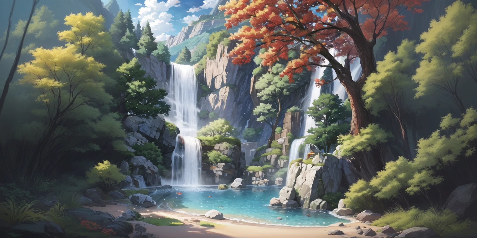 ภาพวาดwaterfallในป่าโดยมีwaterfallเป็นฉากหลัง, Detailed landscape - 1920 wide, Ross Tran. beautiful background, Nature Anime, landscape art, high waterfall, ป่าและwaterfall, High quality 8k detailed artwork., waterfallอันยิ่งใหญ่, waterfall, Landscape art details, 4k detailed coloring, beautiful anime scenery, waterfall and lakes, Nature Anime wallpap