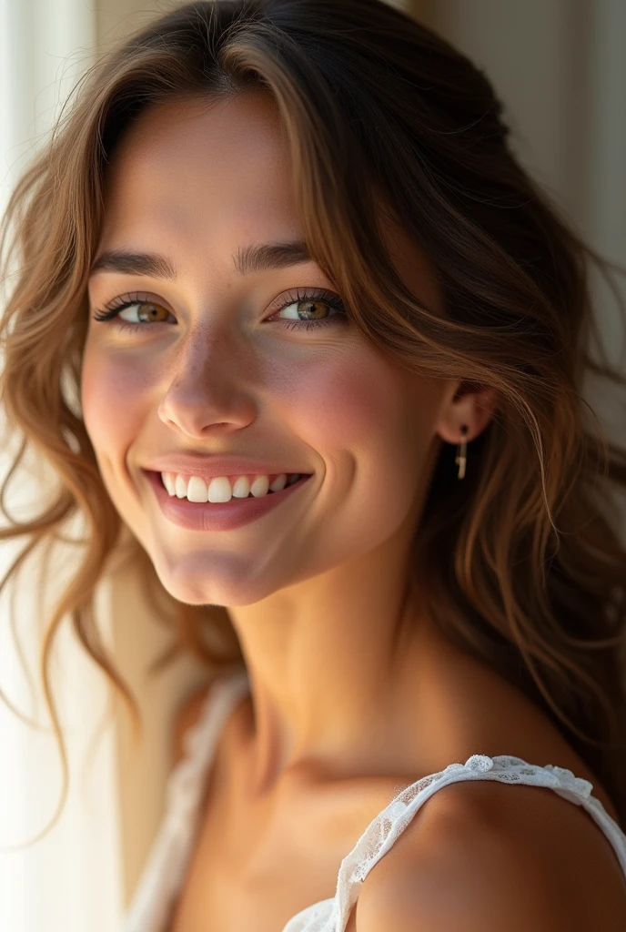 Create a beautiful girl with wide eyes, chiseled dimples, a luscious tan and curly hair.