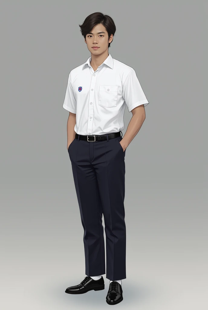 The male student uniform for Chonlathornwitthaya High School may look like this::
**shirt:**
- shirtเชิ้ตสีขาวแขนสั้น คอปก เนื้อผ้าโปร่งสบายเหมาะสำหรับสภาพอากาศร้อน
- กระดุมสีขาวเรียงตามแนวกลางshirt
- มีกระเป๋าshirtที่หน้าอกด้านซ้าย โดยอาจมีตราสัญลักษณ์โรงเรียนปักอยู่ที่กระเป๋า
**trousers:**
- trousersนักเรียนสีดำหรือสีน้ำเงินเข้ม ความยาวปกติคลุมถึงข้อเท้า ทรงกระบอกหรือทรงขาเล็กขึ้นอยู่กับมาตรฐานของโรงเรียน
- มีเข็มขัดหนังสีดำหรือสีน้ำเงินเข้มพร้อมหัวเข็มขัดที่มีตราสัญลักษณ์โรงเรียน
**shoe:**
- shoeนักเรียนสีดำ ทรงเรียบง่ายแบบผูกเชือก
- ถุงเท้าสีขาวยาวถึงข้อเท้า
**decorations:**
- เข็มกลัดตราสัญลักษณ์โรงเรียนติดที่คอshirt
- นักเรียนชายอาจต้องสวมเนคไทสีประจำโรงเรียนในวันที่มีพิธีการหรือวันสำคัญ
**Hair style:**
- Hair styleต้องเรียบร้อย ไม่ยาวเกินไป และห้ามทำสีที่ไม่เป็นธรรมชาติ
เครื่องแบบนักเรียนชายนี้ออกแบบมาให้ดูเรียบร้อย สะอาดตา และสะท้อนถึงความเป็นระเบียบเรียบร้อยของนักเรียนชายในโรงเรียนค่ะ