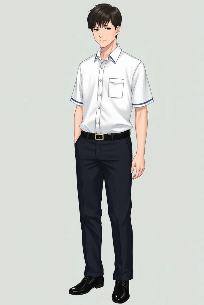 The male student uniform for Chonlathornwitthaya High School may look like this::
**shirt:**
- shirtเชิ้ตสีขาวแขนสั้น คอปก เนื้อผ้าโปร่งสบายเหมาะสำหรับสภาพอากาศร้อน
- กระดุมสีขาวเรียงตามแนวกลางshirt
- มีกระเป๋าshirtที่หน้าอกด้านซ้าย โดยอาจมีตราสัญลักษณ์โรงเรียนปักอยู่ที่กระเป๋า
**trousers:**
- trousersนักเรียนสีดำหรือสีน้ำเงินเข้ม ความยาวปกติคลุมถึงข้อเท้า ทรงกระบอกหรือทรงขาเล็กขึ้นอยู่กับมาตรฐานของโรงเรียน
- มีเข็มขัดหนังสีดำหรือสีน้ำเงินเข้มพร้อมหัวเข็มขัดที่มีตราสัญลักษณ์โรงเรียน
**shoe:**
- shoeนักเรียนสีดำ ทรงเรียบง่ายแบบผูกเชือก
- ถุงเท้าสีขาวยาวถึงข้อเท้า
**decorations:**
- เข็มกลัดตราสัญลักษณ์โรงเรียนติดที่คอshirt
- นักเรียนชายอาจต้องสวมเนคไทสีประจำโรงเรียนในวันที่มีพิธีการหรือวันสำคัญ
**Hair style:**
- Hair styleต้องเรียบร้อย ไม่ยาวเกินไป และห้ามทำสีที่ไม่เป็นธรรมชาติ
เครื่องแบบนักเรียนชายนี้ออกแบบมาให้ดูเรียบร้อย สะอาดตา และสะท้อนถึงความเป็นระเบียบเรียบร้อยของนักเรียนชายในโรงเรียนค่ะ
