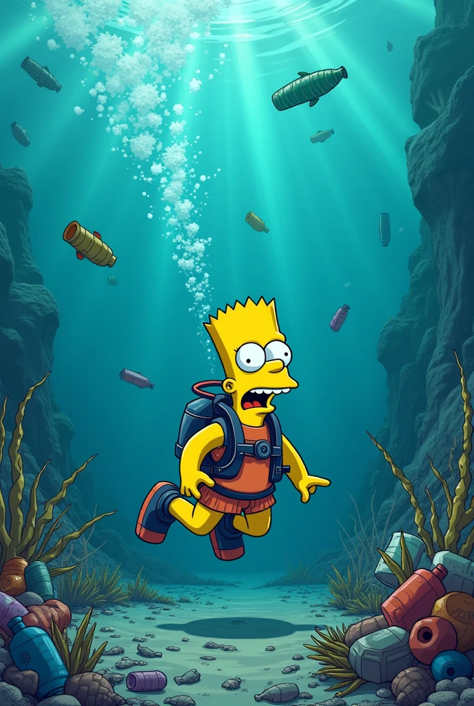 a simpsons style image underwater of a Simpson scuba diving in a polluted ocean that is scary. there are plastic water bottles and other rubbish in the ocean. the fish are dead. there is no wildlife. there is white dead seaweed. the Simpson looks scared.