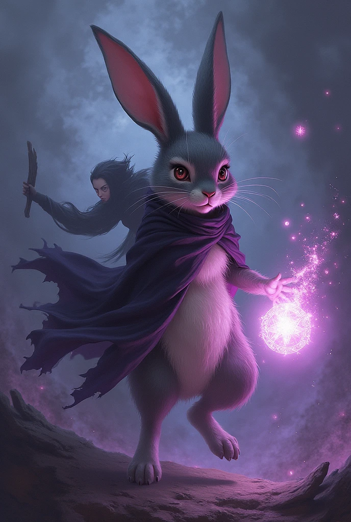 A black half-rabbit girl, a witch on a broom using powerful magic