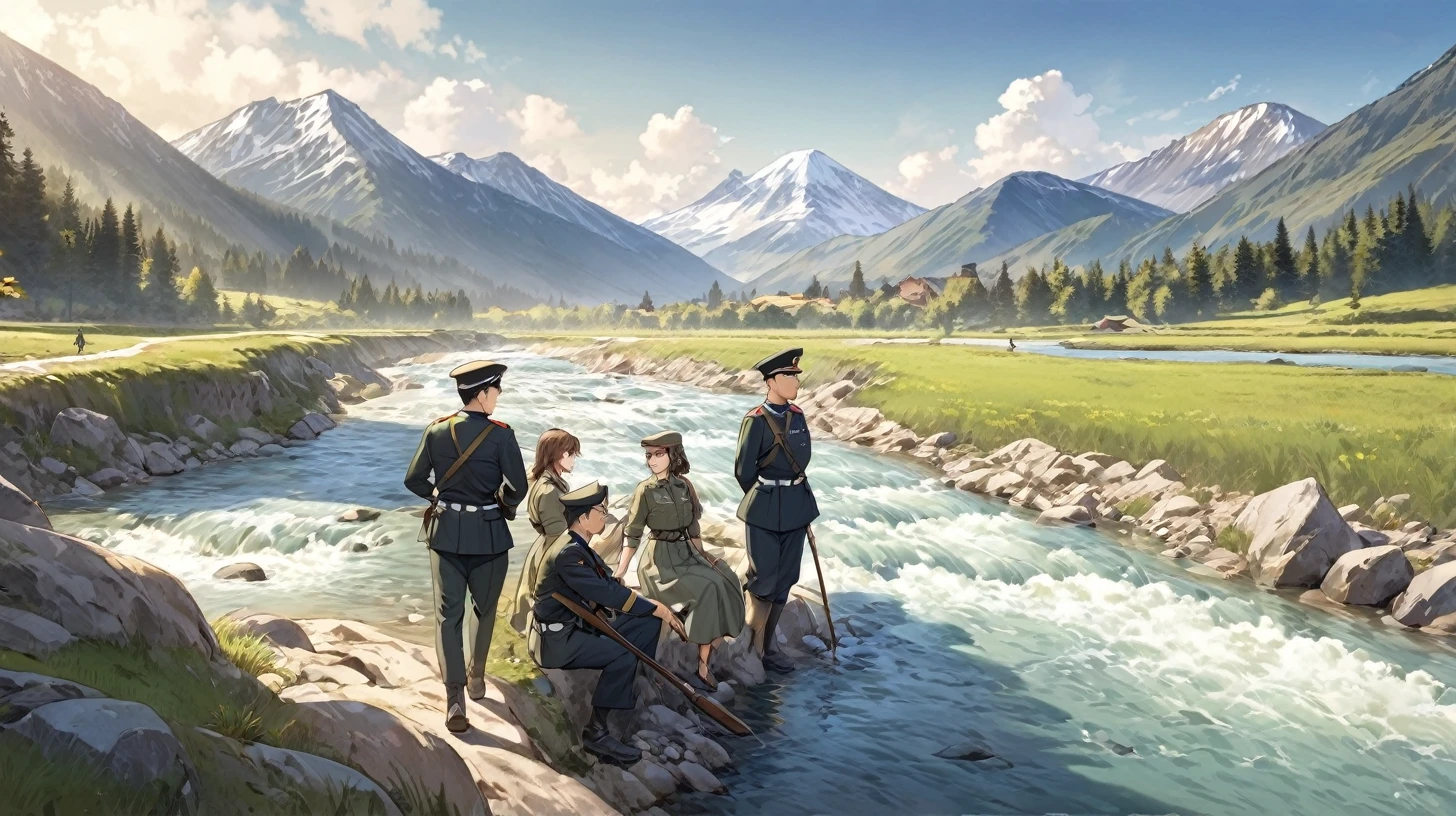 Flowing River, Men and women in uniform, One of them has a foot in the river, Mountain, Overlooking, 