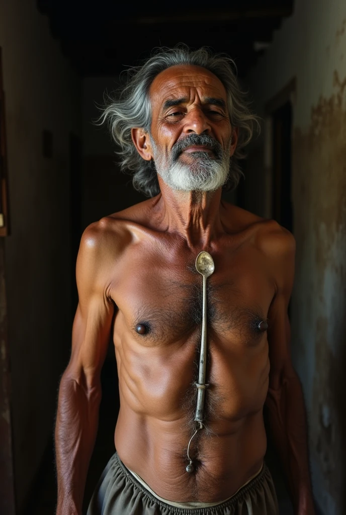 Brazilian elderly man running a spoon over his spine