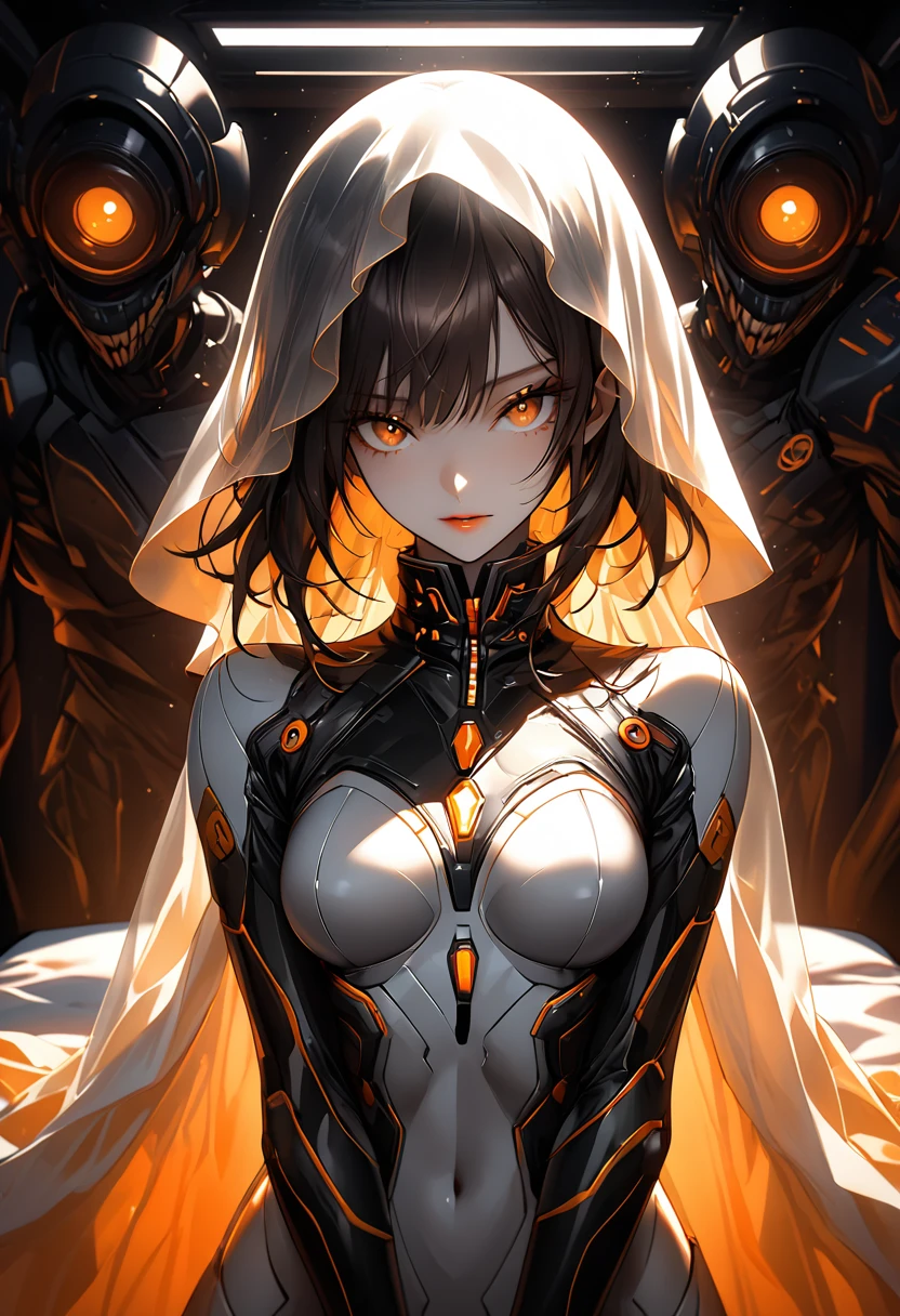 atmosfera sombria sexy In a futuristic space station bedroom, Asian samurai hair coque sexy face meiga agressiva tropa coronel take militar scurly moicano repicado hair cascading over shoulders, marron gold shark eyes sparkling with longing, quase nua e transparente tapa sex com um véu envergonhada figure partially veiled by a gleaming orange PVC bedsheet, gaze locked onto the camera lens, chiaroscuro effect, soft ambient lighting casting subtle highlights and shadows on the curves and fabric, creating an intimate yet tasteful portrayal, digital painting, high contrast, dynamic composition, octane rendering.