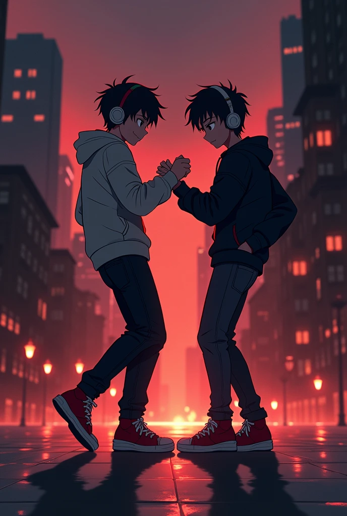 2 anime boy dancing half body with reddish night city landscape background with headphones and a dull look at the landscape