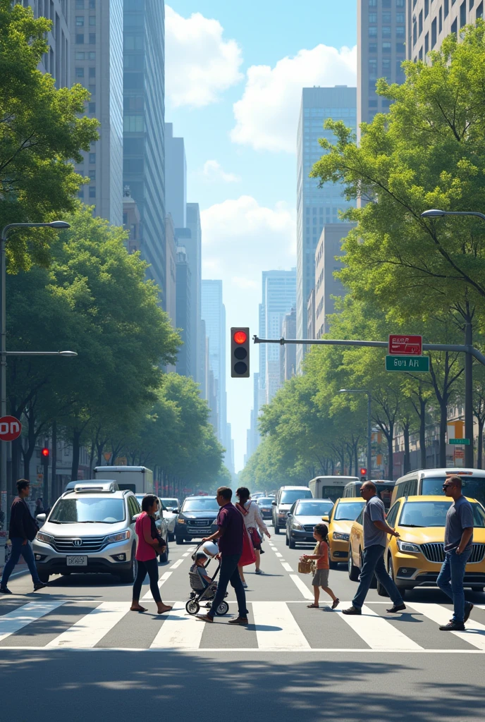 front view image, where vehicles and motorcycles appear stopped at a traffic light, waiting for people to cross at the pedestrian crossing.