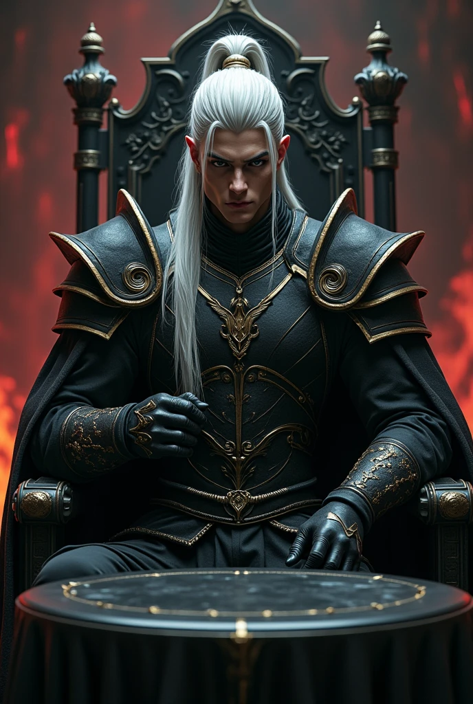 Create a handsome and intimidating prince of hell , that is with black armor, golden and with a layer, He has long white hair tied in a high ponytail with a few loose strands and is sitting in a majestic chair with a circular black table in front of him. 