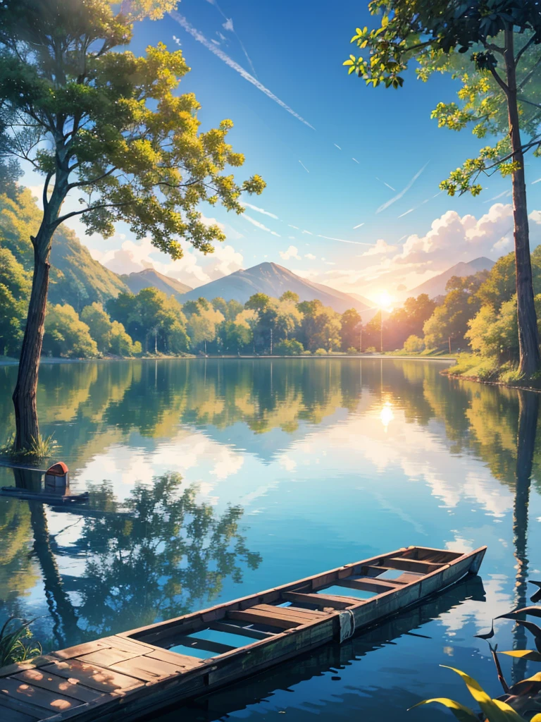 a serene lake surrounded by lush green forests, a wooden dock stretching into the calm waters, a stunning reflection of the sky and clouds on the surface, a lone boat drifting peacefully, warm golden sunlight filtering through the trees, an atmosphere of tranquility and natural beauty